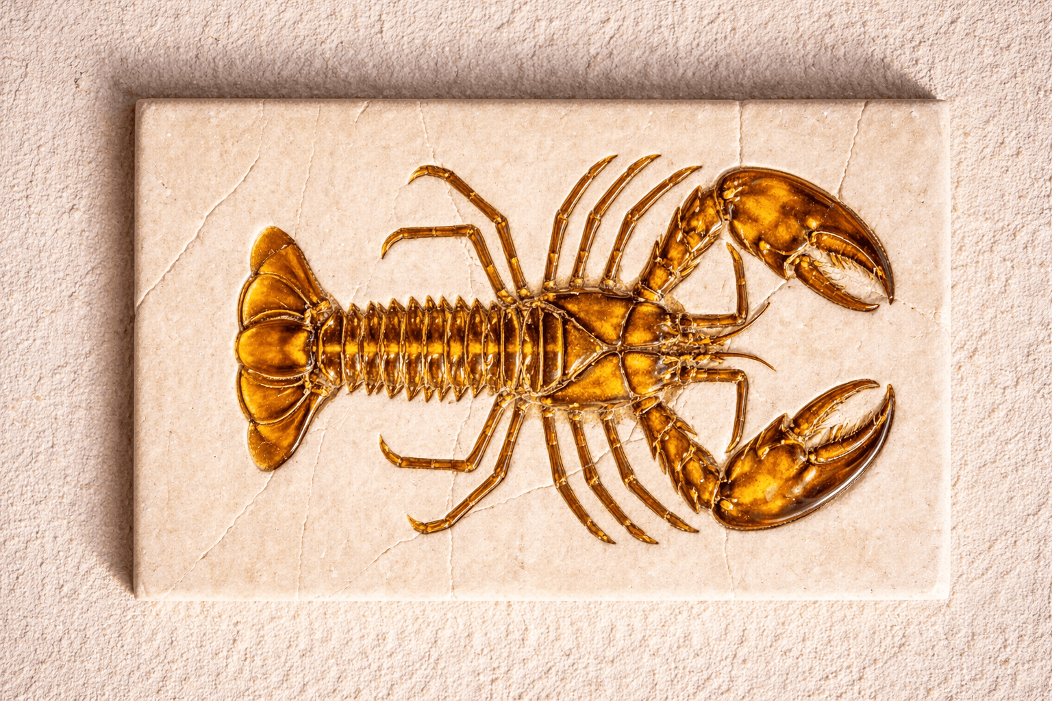 Detailed crustacean fossil sculptural wall relief presented as a horizontal panel
