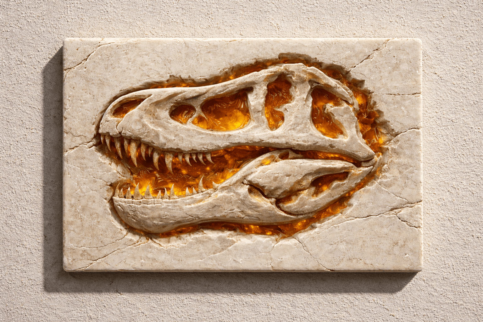 Dinosaur skull fossil sculptural wall relief displayed as a horizontal statement panel