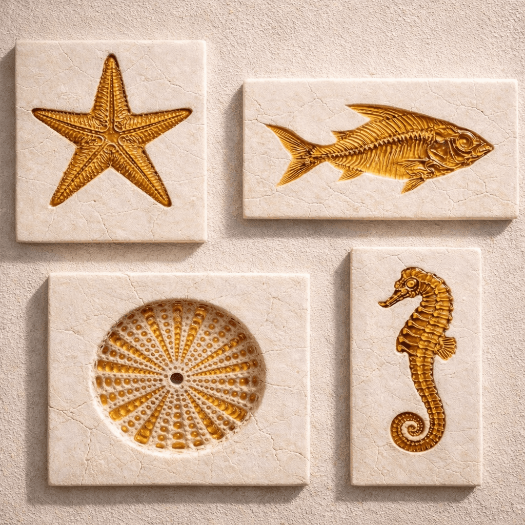 Marine fossil-inspired sculptural relief panel in mineral plaster and amber tones