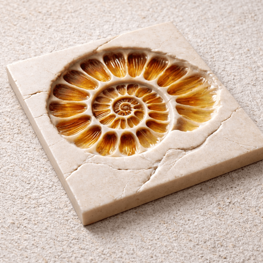 Amber resin ammonite bas-relief wall panel cast in light Ultracal plaster