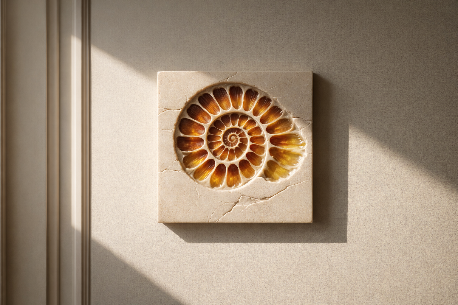Ammonite bas-relief sculptural wall art in Ultracal plaster with amber resin